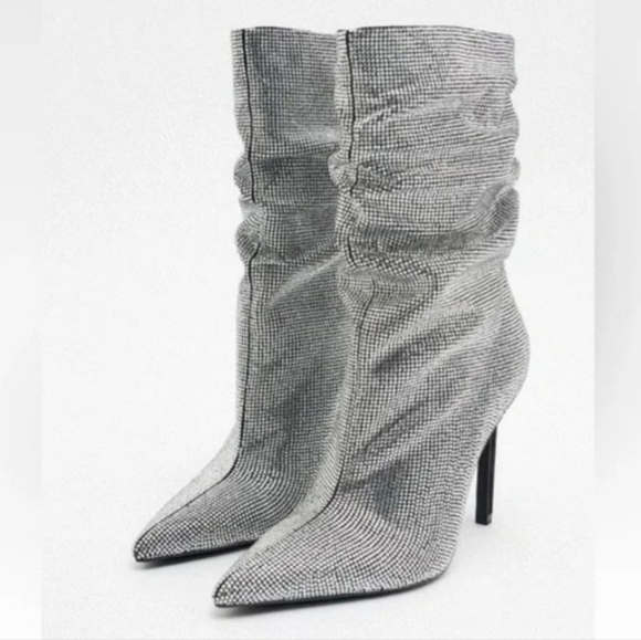 Sparkly Swarovski Black and White Heeled slouch Boots for Chic Style - Picture 8 of 8